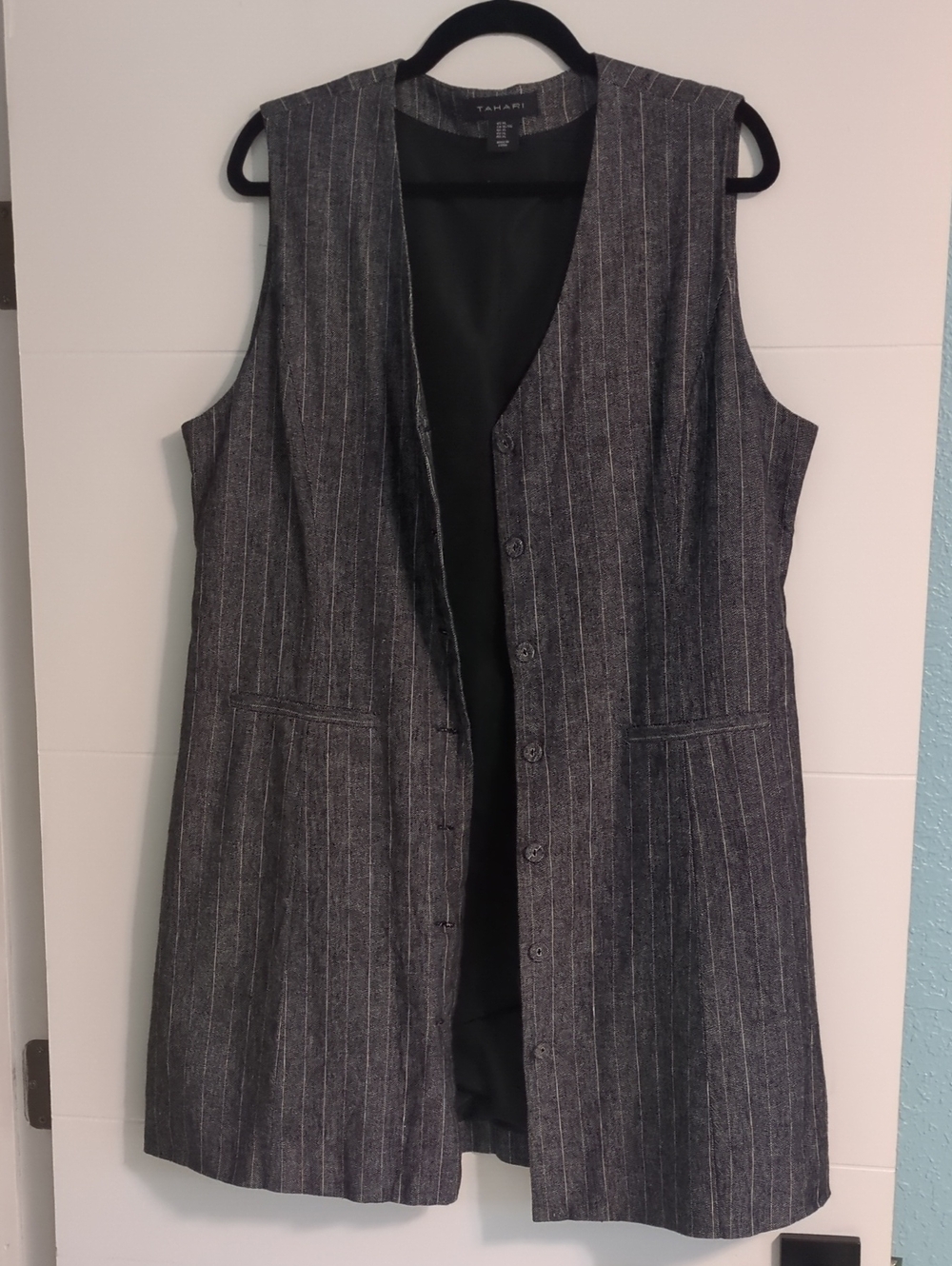 Tahari Gray Pinstripe Long Linen Blend Vest  Sleeveless Blazer Coat Sz XL